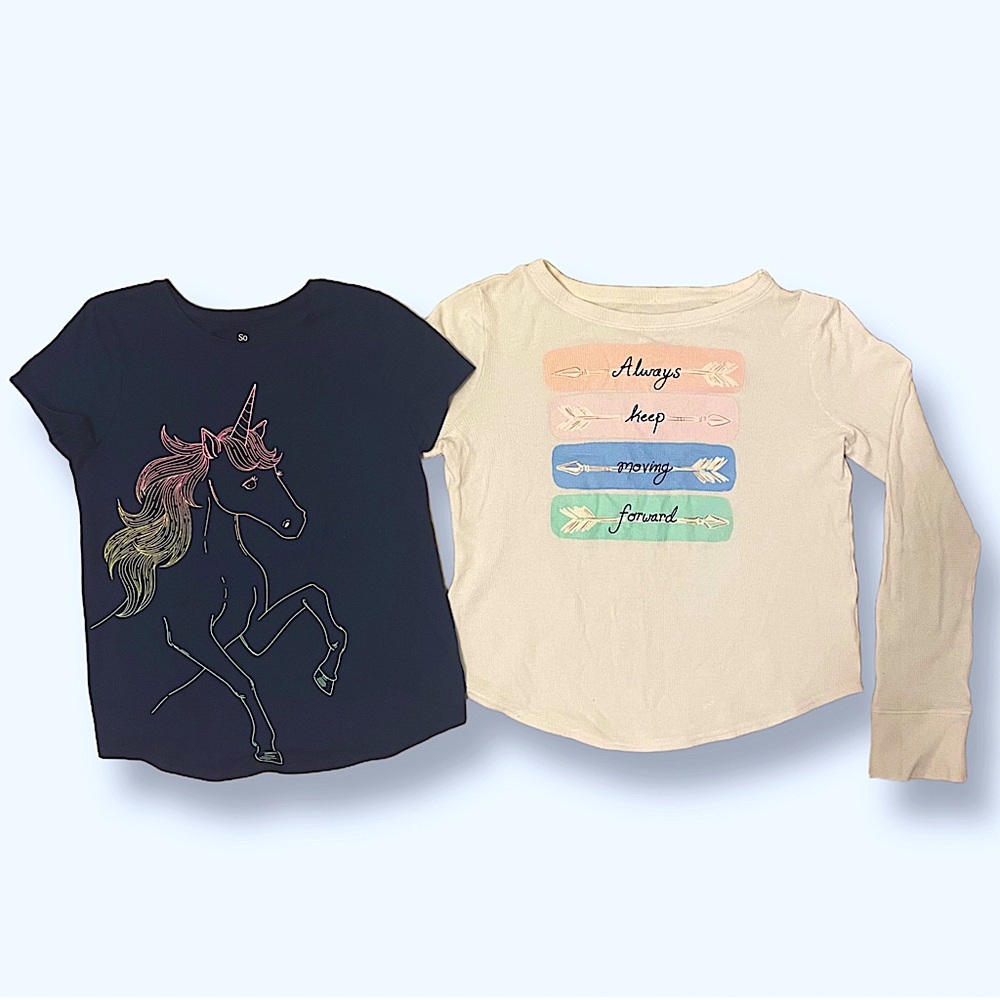 Girls’ Shirt Bundle L (10/12)—Navy Unicorn Tee & White ‘Keep Moving Forward’ Top